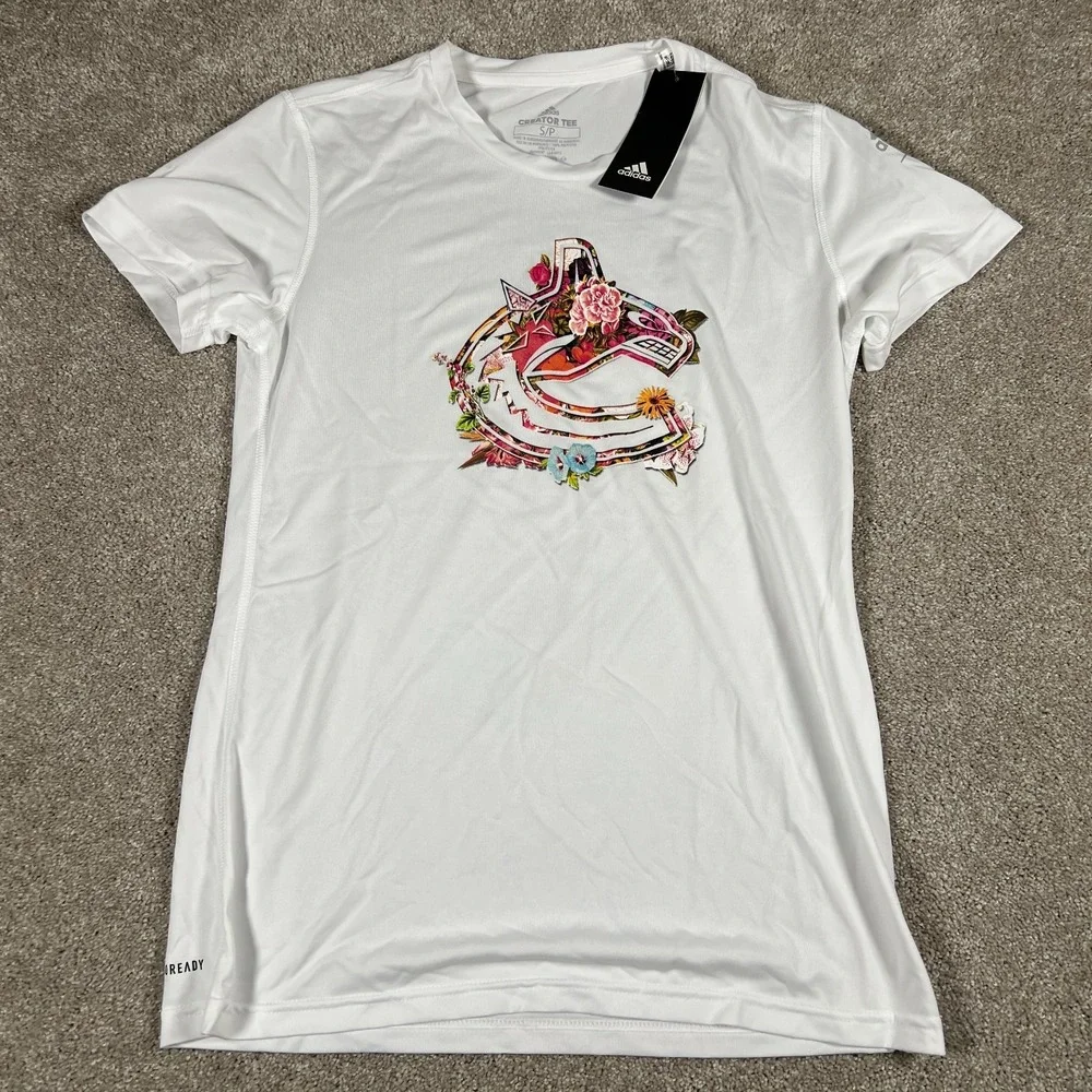 Adidas Womens Small‎ White Vancouver Canucks NHL Aeroready Creator T-Shirt NWT